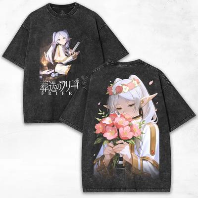 Frieren Print T-shirt Frieren Beyond Journey's End Anime Clothing Men Women Cotton Tshirts Vintage Washed Tee Harajuku T Shirt