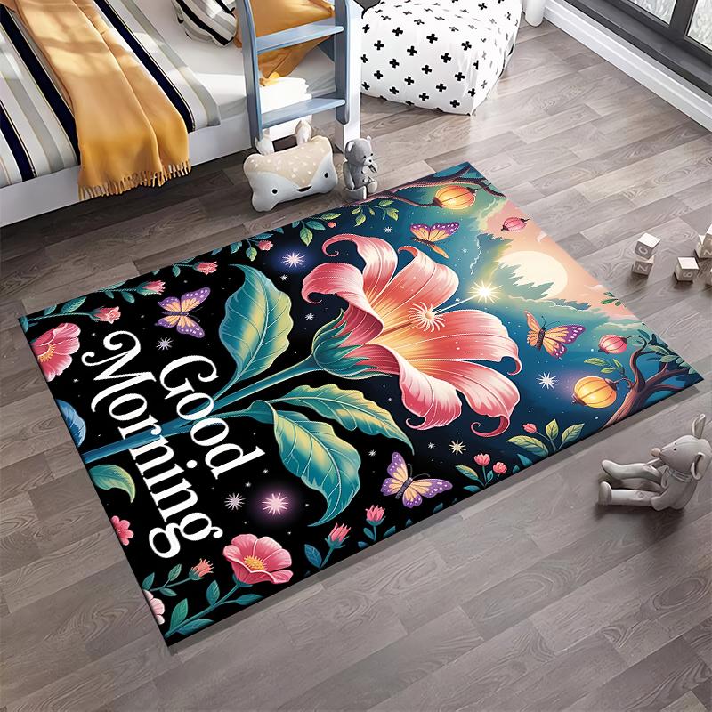 Floral Carpet with "Good Morning" Text, Butterflies and Starry Design Suitable for use as an anti-slip for living room bedroom sofas