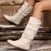 Autumn Winter Pink Mid Calf Boots Women 2025 Fashion Faux Suede Pleated Boots Woman Plus Size 36-42 Flat Heel Long Botas Mujer