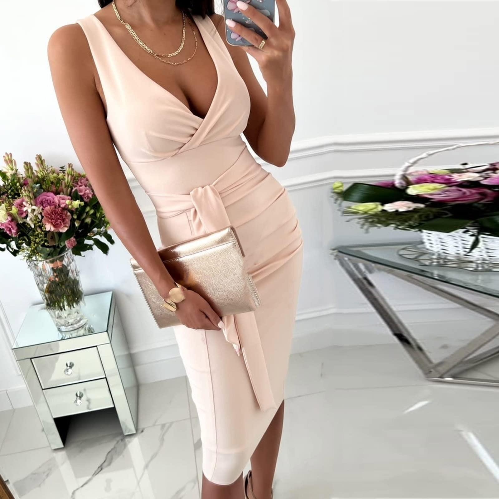 

Модное женское сексуальное однотонное платье-карандаш с v-образным вырезом без рукавов в стиле хип-хоп S бежевый