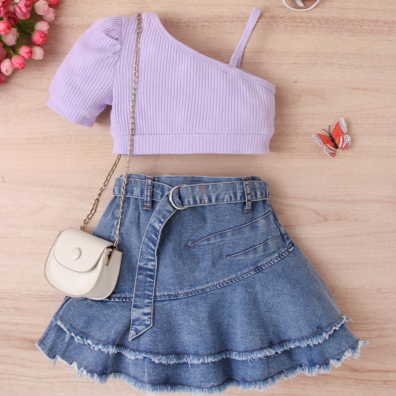 Mädchenanzug Sommer Kinder Einfarbiges Kurzarm-Top, Denim Plissee Kurzer Rock Anzug Gürtel