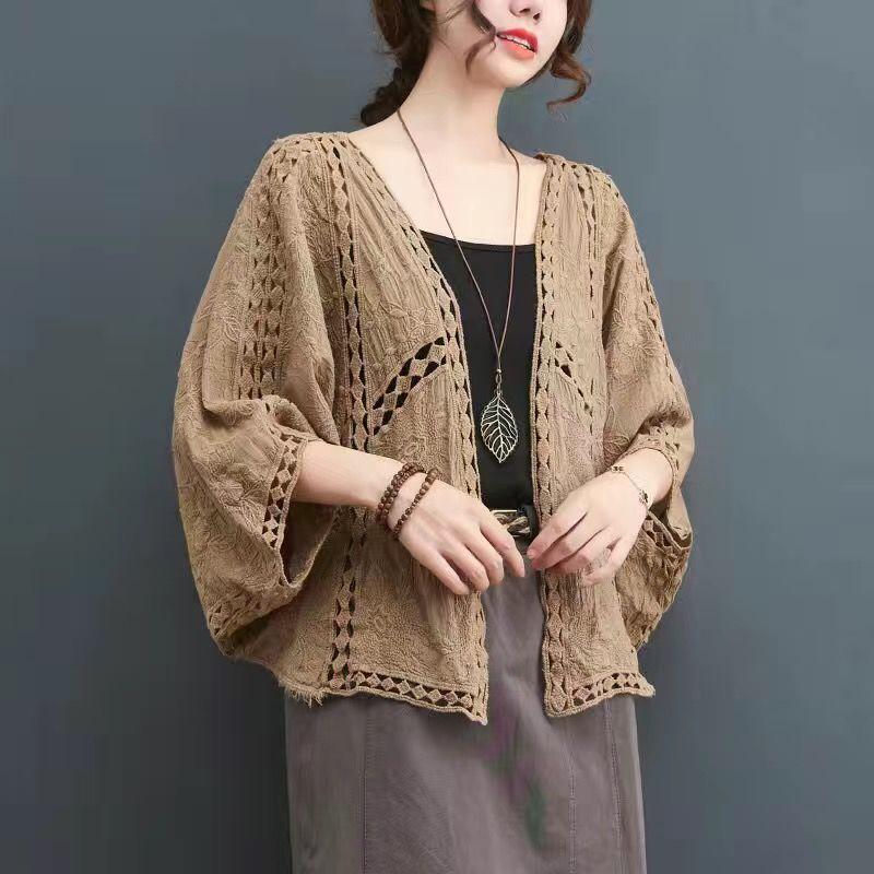 

Вязаный ажурный кардиган для женщин, весна-лето, тонкий верх, кружевная рубашка, солнцезащитная рубашка, рубашка с кондиционером, универсальная шаль one size хаки