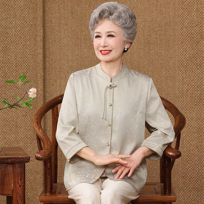 

Spring & Summer Chinese Style Stand Collar Shirt for Middle-Aged & Elderly Women - Three-Quarter Sleeves, Loose Fit, Elegant Grandma Style XL [100-115 lbs]