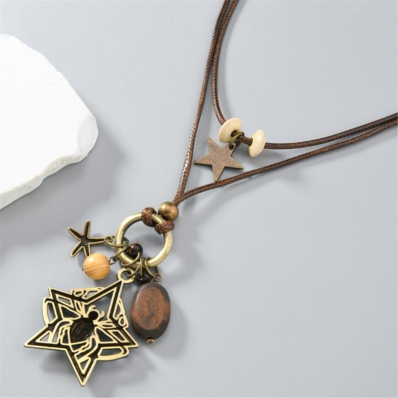 Retro Gothic Jewelry Pieces Alloy Spiders Charm With Cord And Wood Bead Detailing