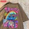 Mode Baumwolle Damen T-Shirts Alien UFO Weltreise Drucke Kurzarm Rundhalsausschnitt Weich Atmungsaktiv Street Damen Kleidung