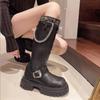 2024Platform Belt Buckle But Knee High Boots Woman Autumn Thick Heel Western Cowboy Knight Botas Patchwork Versatile Women Shoes