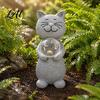 Unique Gift for Gardeners Cat Statue Solar Light Smiling Garden with Cracked Crystal Ball Durable Resin Sculpture Decor Waterproof Animal Lamp Patio