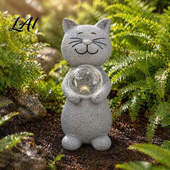 Unique Gift for Gardeners Cat Statue Solar Light Smiling Garden with Cracked Crystal Ball Durable Resin Sculpture Decor Waterproof Animal Lamp Patio