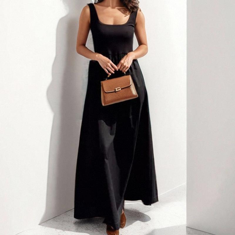 Spring New, Fashionable and Elegant Solid Color Splicing Sleeveless Suspender Dress