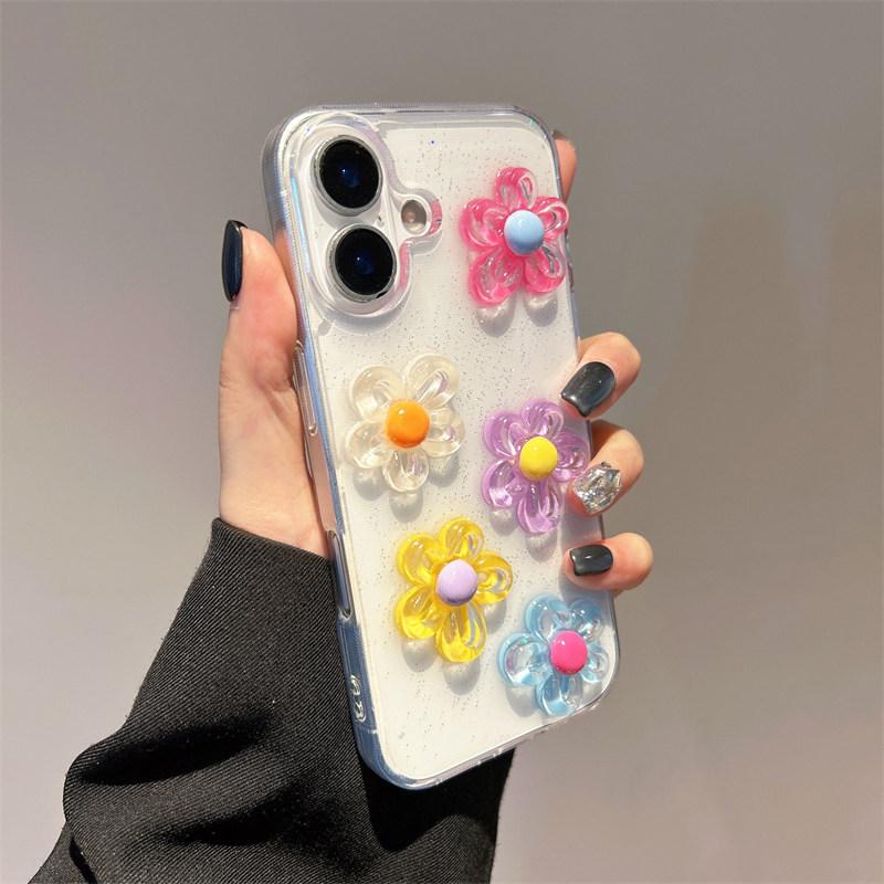Cute Transparent 3D Colorful Flower Glitter Sparkle Effect Girly Phone Case for iPhone17 Air 16 15 14 Plus 13 12 11 Pro Max Back Cover