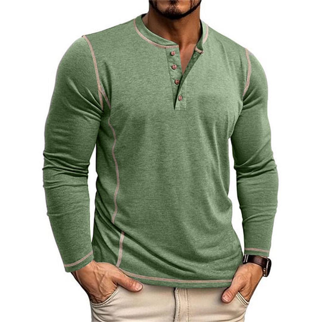 Men's American Retro Henley Collar Long Sleeve T-Shirt Contrast Color Topstitch Slim Fit Casual Bottoming Shirt