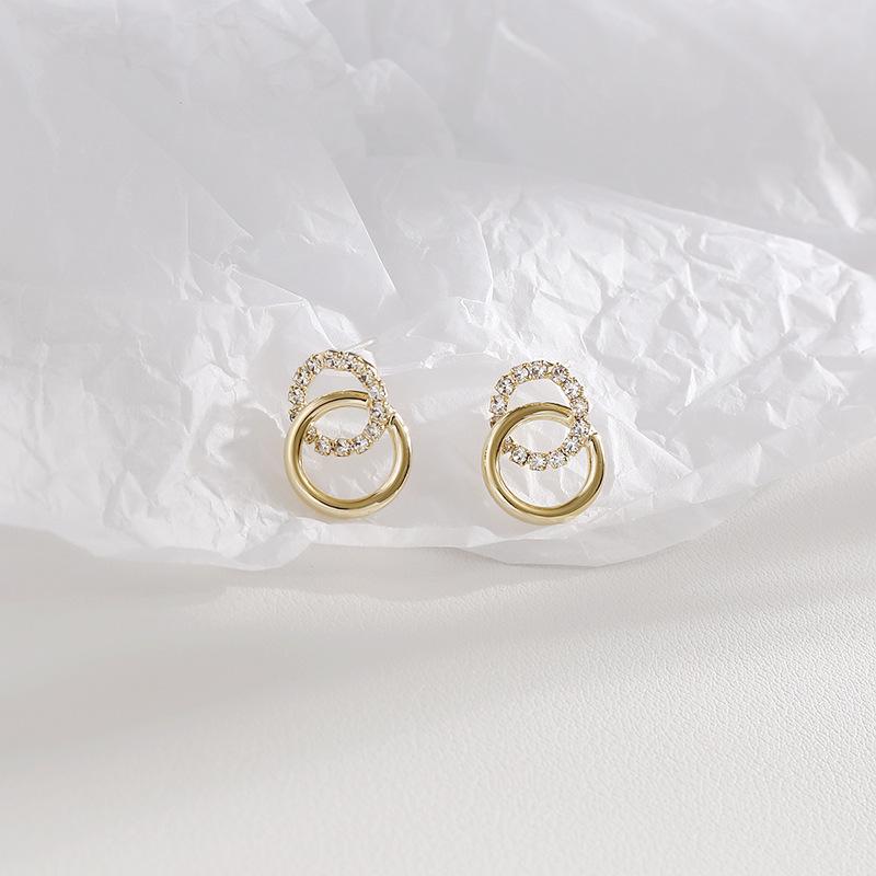 Korean Simple Double Circle Gold Color Metal Crystal Stud Earrings For Women Fashion Exquisite Jewelry Best Friend Gifts