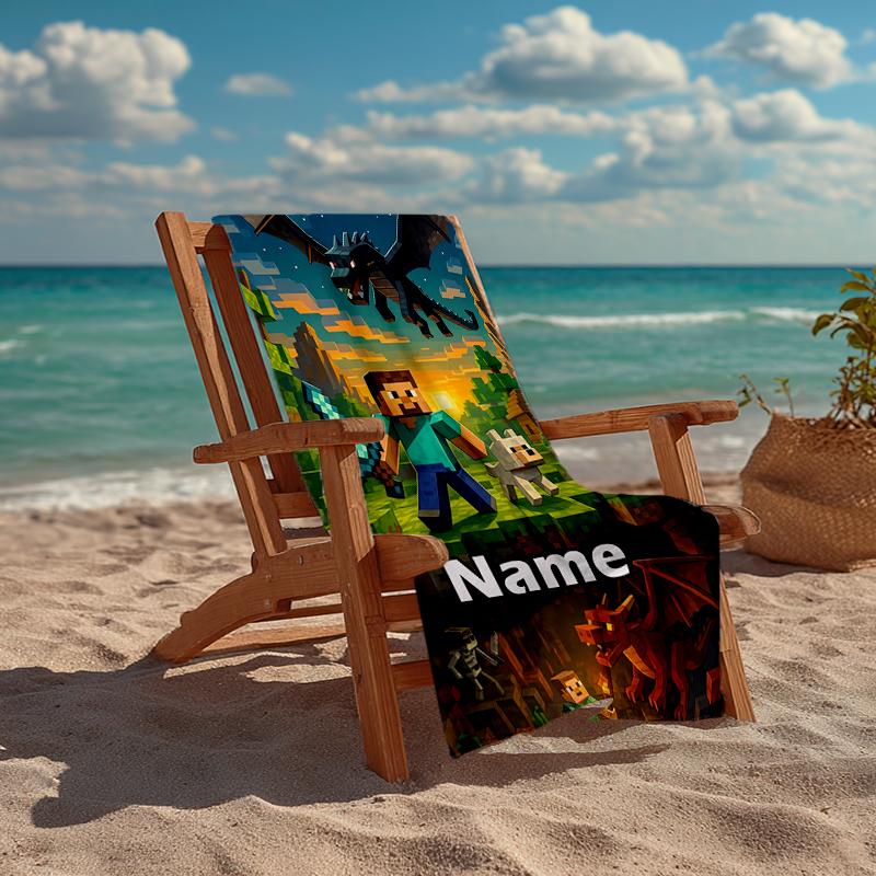 Custom Name Ultra-Soft Beach Towel with Minecraft Theme,Ideal for Pool - Camping, Diving - Perfect Travel Essential, Vibrant Beach Towel.