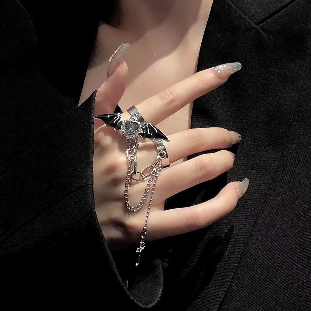Y2K Black Devil Wings Cross Ring - Trendy Dark Style for Hot Girl Subculture
