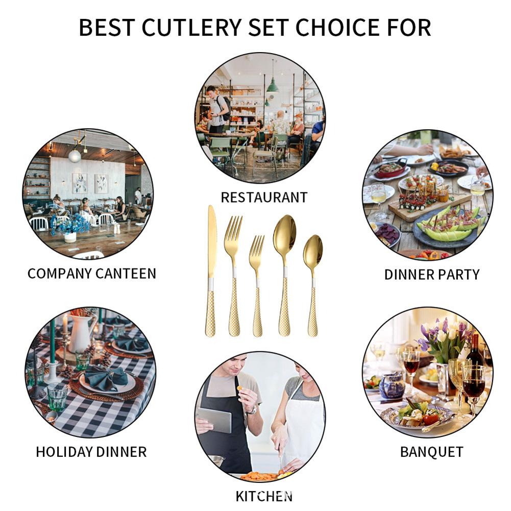 20pcs Cutlery Set Checkered Pattern Mirror Finish Smooth Edge Stainless Steel Fork Spoon Set