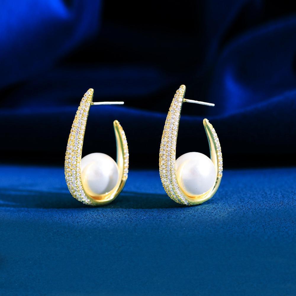 Ear Jewelry Brass Plated Real Gold Zircon Pearl Earrings Earrings