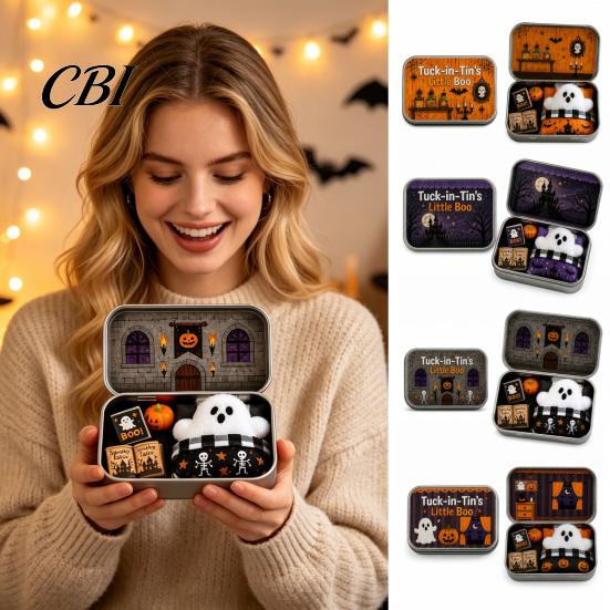 Halloween Cabin Illustration Mini Tin Box Gift, Plush Ghost with Haunted House Spooky Unboxing Experience Scene, Collectible Micro Theater Gift