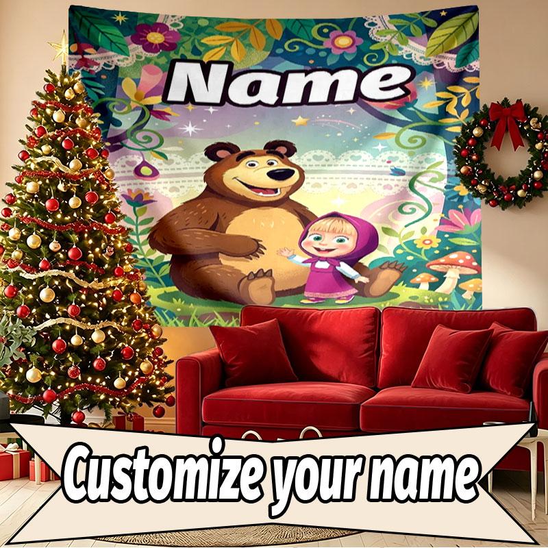 Custom Name Personalized Masha and the Bear Print Tapestry, Wall Art Decor, Bedroom, Dorm, Apartment, LivingRoom, Party Backdrop, Gift for Birthday