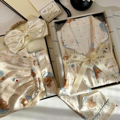 "Κορεάτικες Πιτζάμες από Ψεύτικο Μετάξι σε Στυλ Ins": Γυναικείο Σετ Μακρυμάνικο Χαριτωμένο Αρκουδάκι Πουά"