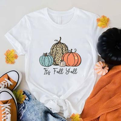 Hot It'S Fall Y'All Pumpkin Printed T-Shirts For Women Short Sleeve Funny It'S Fall Y'All Pumpkin Round Neck Tee Shirt Tops