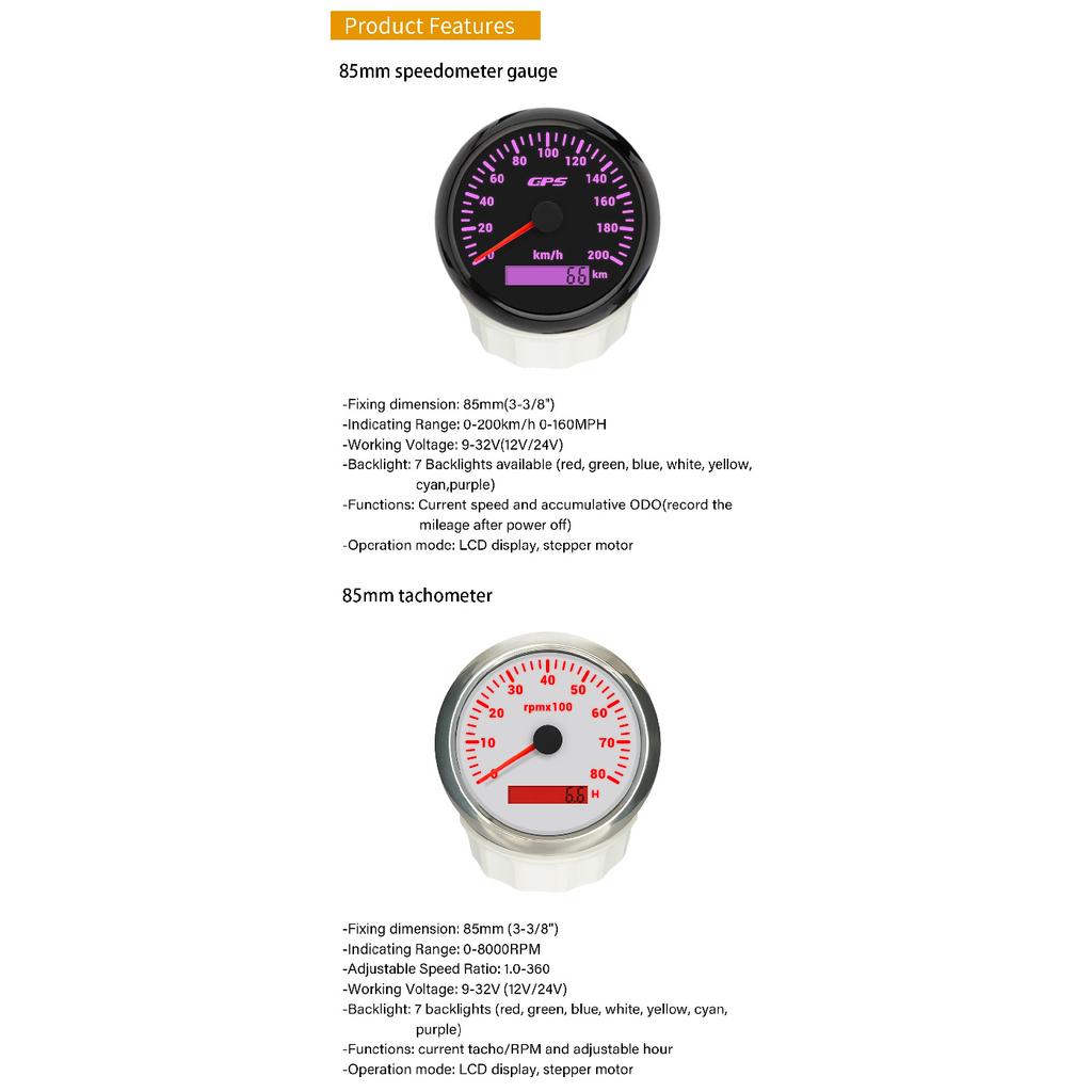 ELING 6 Gauge Set 85mm 200km/h 160MPH GPS Speedometer Tachometer 52mm 0-120℃ Water Temp Oil Pressure Fuel Level Voltmeter 12V