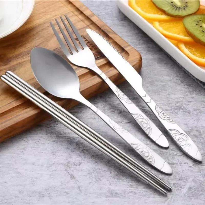 Outdoor Portable Cloth Bag Knife Fork Spoon Chopsticks Straw Rich Flowers Seven Sets 7pcs/ Set Stainless Steel Tableware Set