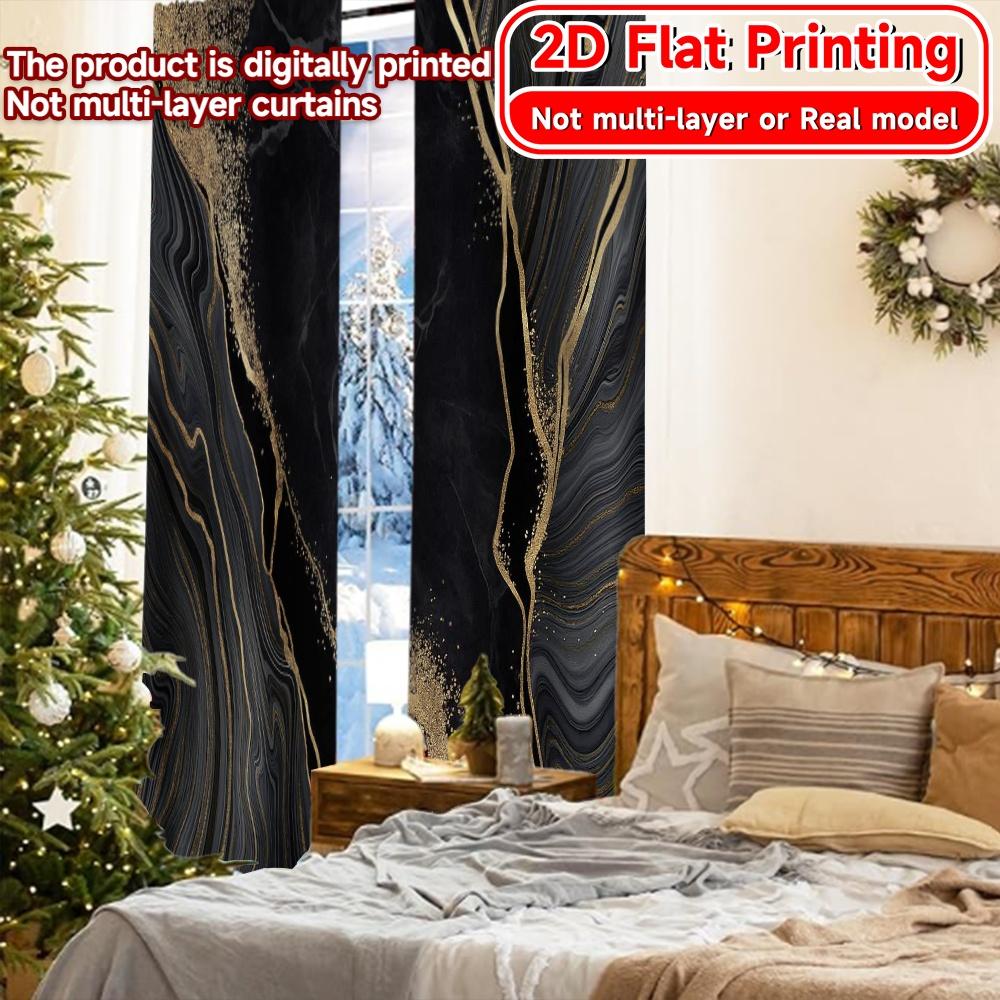 2 Stück 2D-Flachdruck-Vorhänge (Ohne Stange) Goldene Adern Weihnachten Festival Schick Druck Vorhänge Vielseitige Polyester Vorhänge