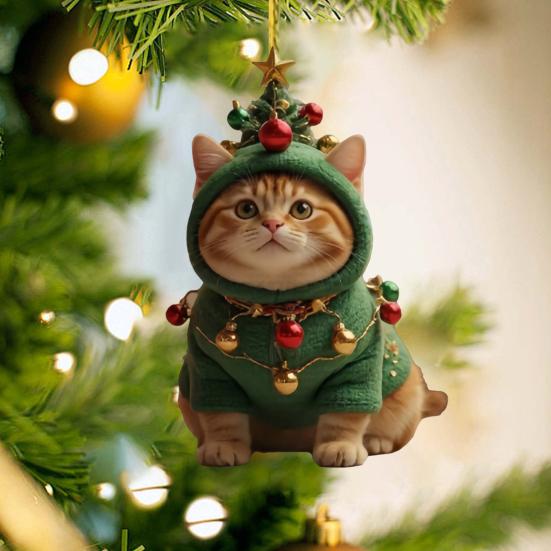Cute Cat Christmas Ornament Acrylic Christmas Tree Ornament 2D Flat Cartoon Cat Hanging Pendant