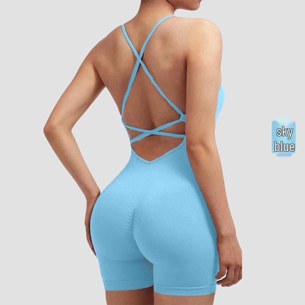 Seamless Peach Butt Yoga Bodysuit with Spaghetti Straps and Open Back
