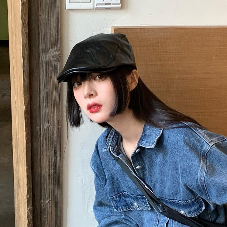 Pu leather black beret women's summer personality retro British reverse wearing forward cap autumn and winter painter hat
