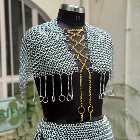 Edgy Chainmail Body Armor Set Silver Statement Top  Skirt for Festival, Cosplay And Layered Fashion