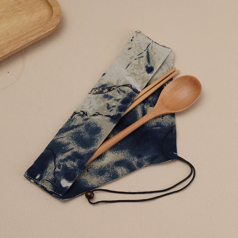 Natural Wood Chopsticks and Fork Set with Ink-Wash Fabric Bag