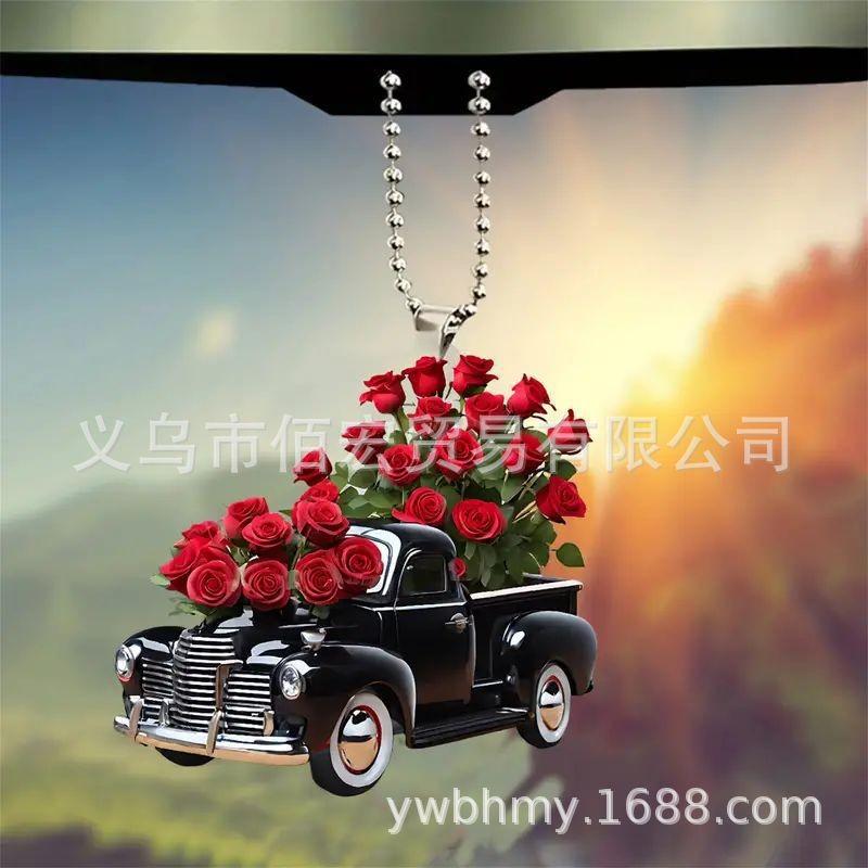 Acrylic 2d Adorable Bear And Rose Backpack Charm For Car Interior Decoration