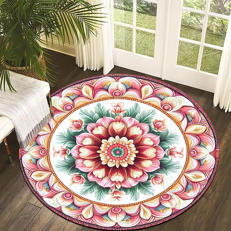 Lotus flower and mandala totem Flannel-printed round floor mats are slip-resistant Suitable living room terrace garden carpets