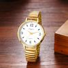 Women's waterproof and rainproof wristwatch with a round dial, large white dial, gold case, gold strap, and stainless steel quartz movement. A