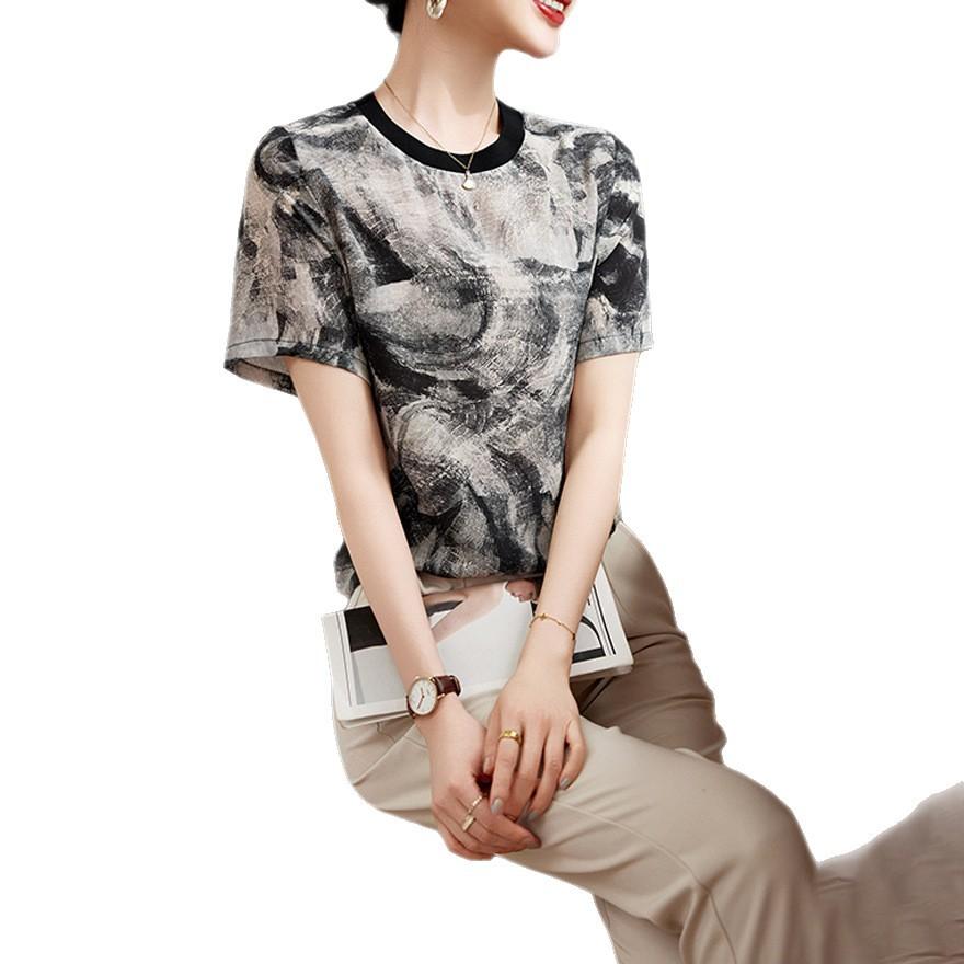 Ink Painting Silk Short-sleeved Women's Summer New Round Neck Mulberry Silk Temperament Top T-shirt