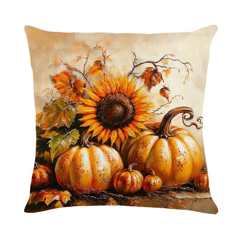 1pc Retro Oil Painting Cushion Cover Fall Themed with Rabbit Pumpkin Sunflowers Pattern for Autumn House Decoration