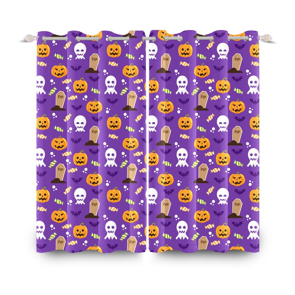 2pcs/set Horror Halloween Window Curtain Bat Spider Pumpkin Ghost Haunted House Home Decor Blackout Polyester Fabric Curtains