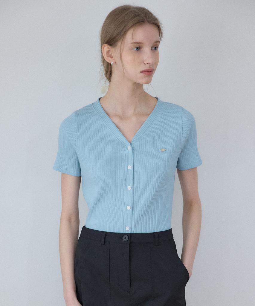 OURHOPE V-Neck Ribbed Button-Up T-Shirt - Sky Blue