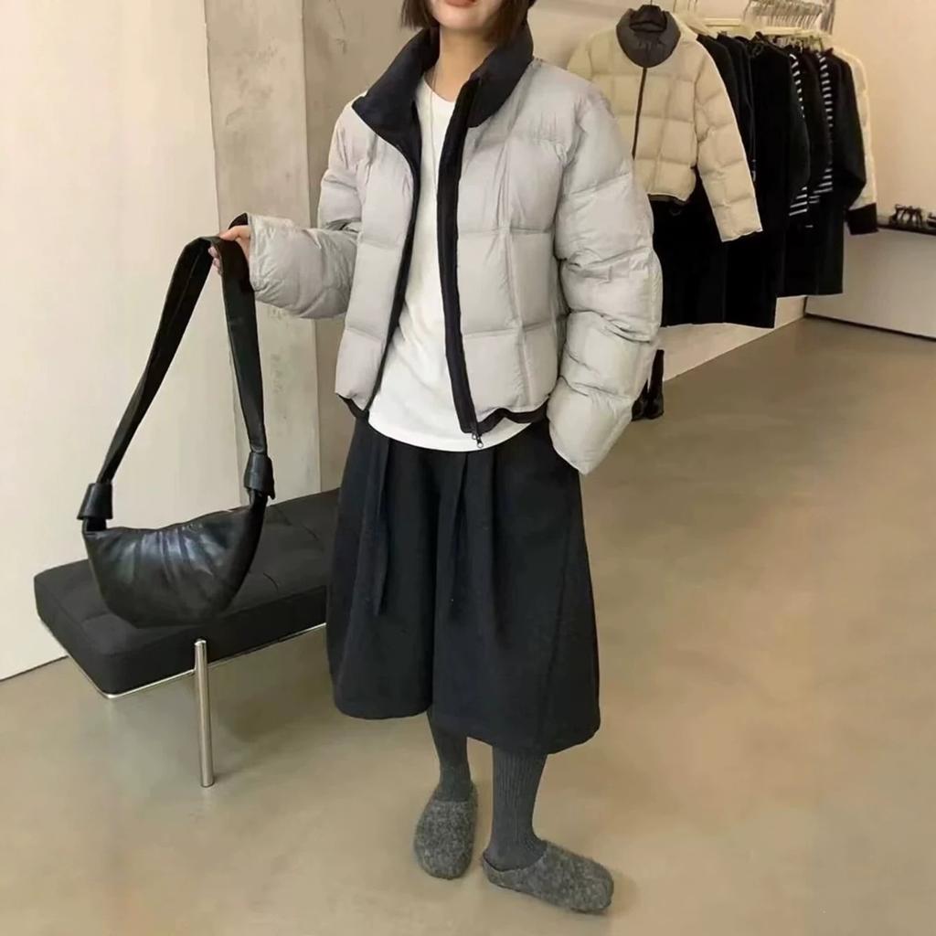 Pinghu down jacket women's short new thickened stand-up collar contrasting color small bread small versatile jacket