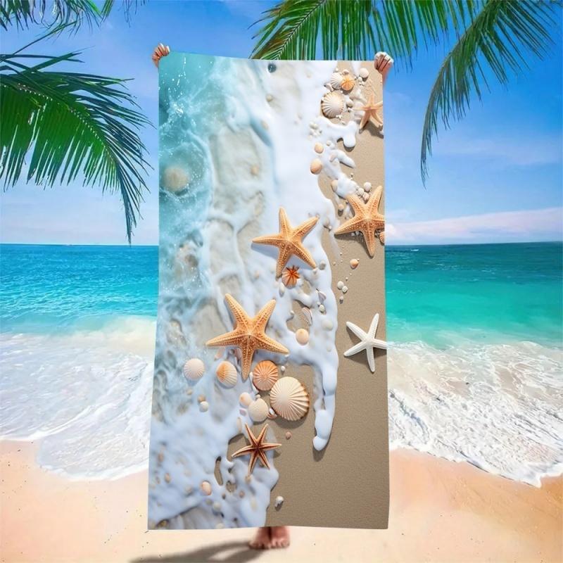 Ocean Wave Starfish Shell Print Beach Towel Absorbent Quick Dry Microfiber Tropical Sea Pattern Blanket for Picnic & Outdoor