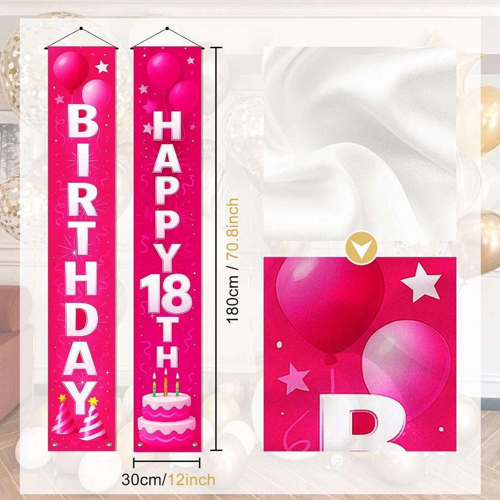 18th Birthday Door Banner 12x72 Inch Pink Gradient Backdrop with White Letters Balloon Cake Star Streamer and Graphics Happy Birthday Sign for Party