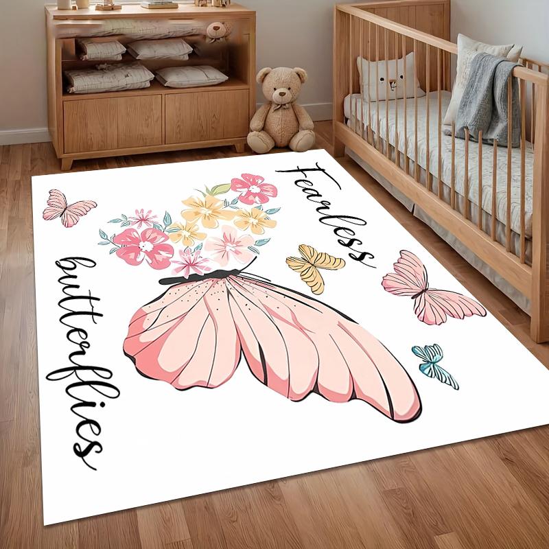 Soft Butterfly Pattern Area Rug Non Slip Kids Playmat White Background Floor Carpet Baby Nursery Room Home Decor