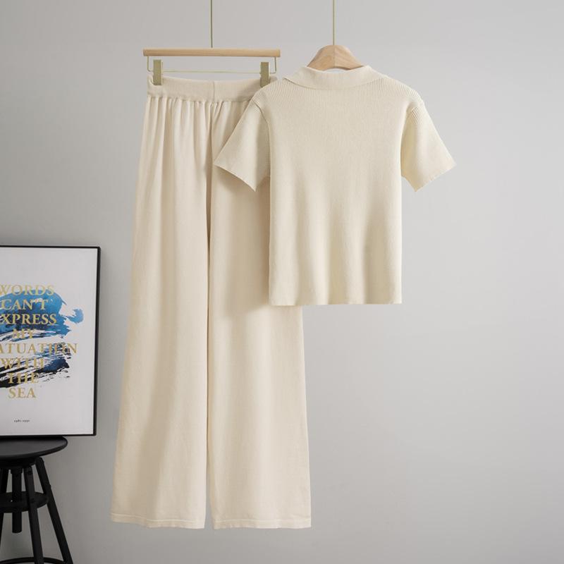 Modny sweter z kołnierzykiem polo, dodający temperamentu, dwuczęściowy zestaw dla kobiet, lato 2025, zestaw szerokich spodni