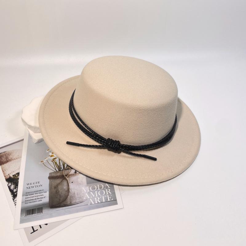 New Leather Rope Flat-top Woolen Top Hat Women's Autumn and Winter Temperament Elegant and Fashionable Versatile Flat-brimmed Felt Hat Men's Stage
