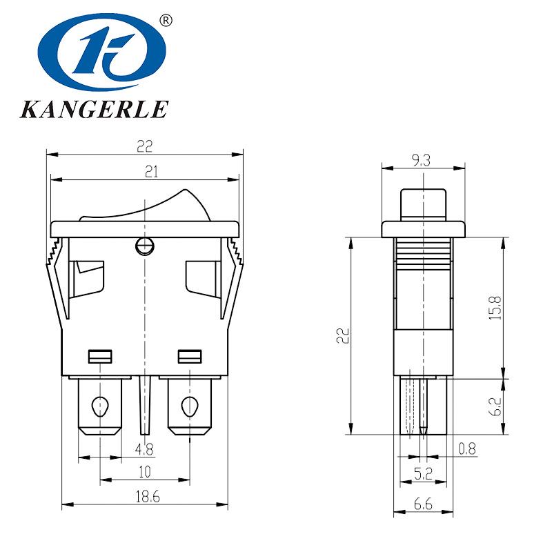 Waterproof Boat-Type Rocker Switch, Inclined Plane, 2-Pin, Two-Position, Flat Design