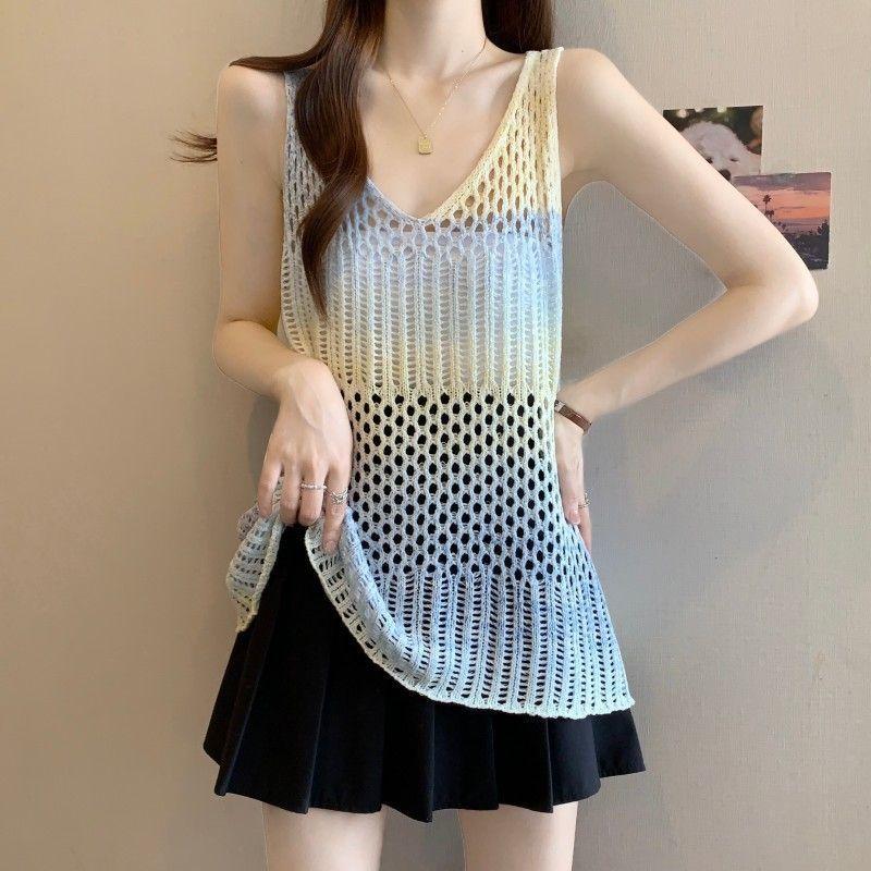 

Gradient Hollow-out Knitted Camisole Tank Top Outerwear Women s Summer Plus Size Sleeveless Hole Mesh Top S синій