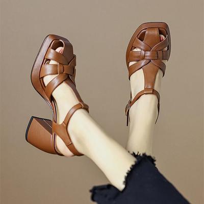 Fashion New Chunky High Heeled Sandals Women Retro Weaving Hollow Roman High Heels PU Leather Summer Square Toe Wedge Platform Sandals