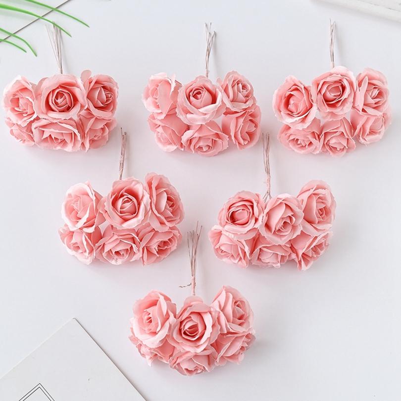 6Pcs Artificial Silk Rose Bundle Fake Flower For Christmas Home Wedding Bridal Bouquet Decoration Accessories Photography Props