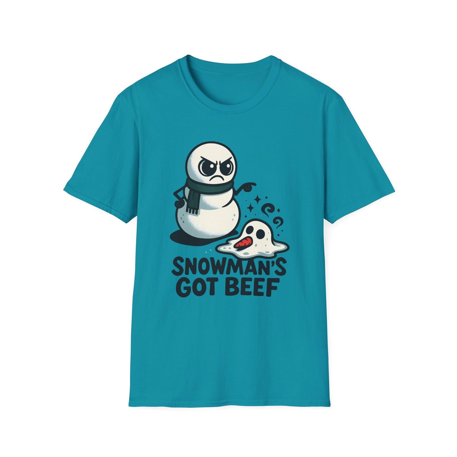 Unisex Softstyle T-Shirt Mens Womens Tees Top Snowman Confronts Melted Puddle Funny Winter Holiday 3XL